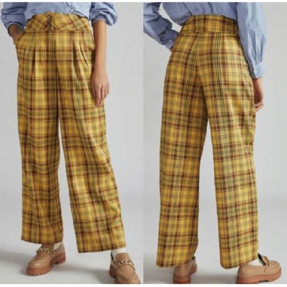 Anthropologie Pants - Anthropologie Plaid Wide-Leg Trouser Pants Womens Sz Large Marygold Gold Tartan